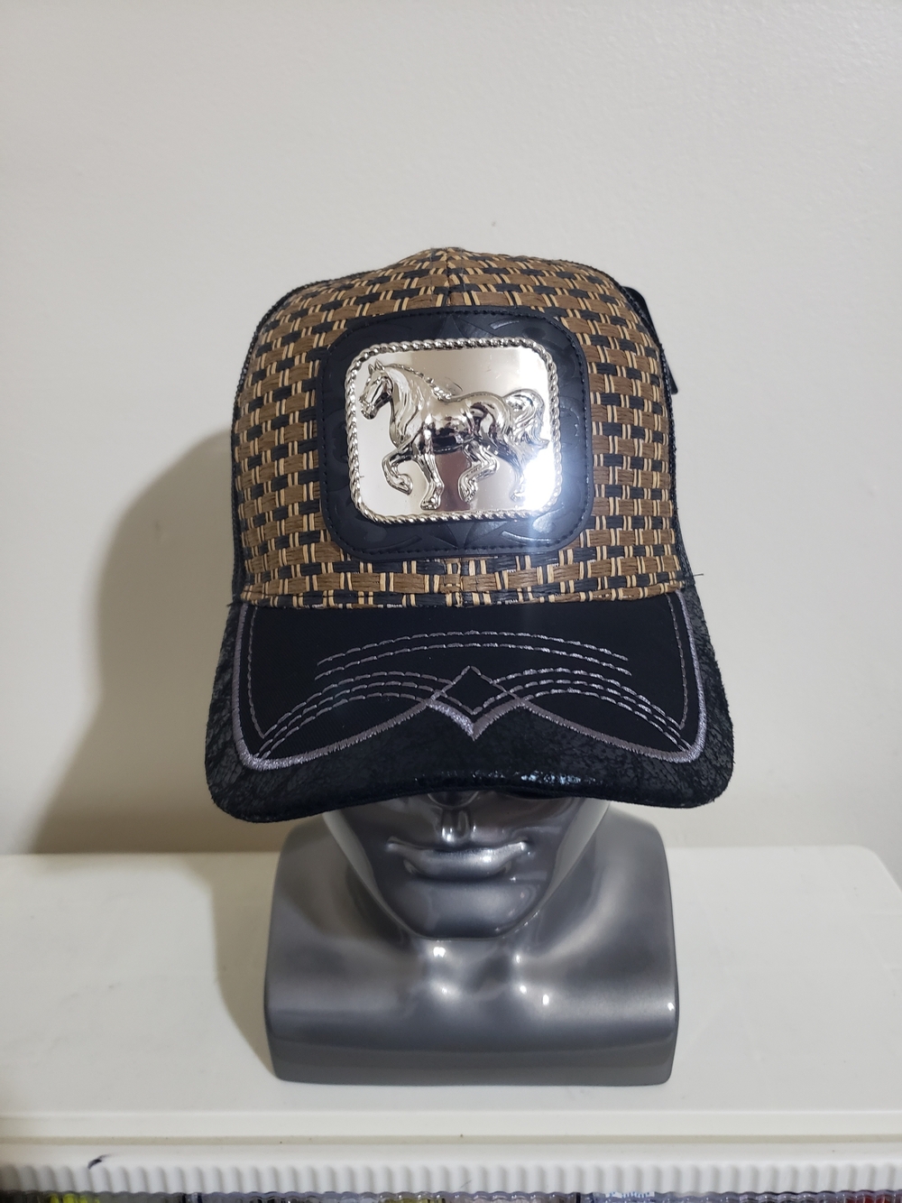 Brown Woven Trucker Cap with Silver Horse Emblem - Men Accessories